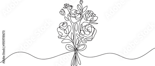 Flower bouquet in continuous one line drawing. Single line art illustration of romantic flower bouquet. Editable vector. one line Icon drawing