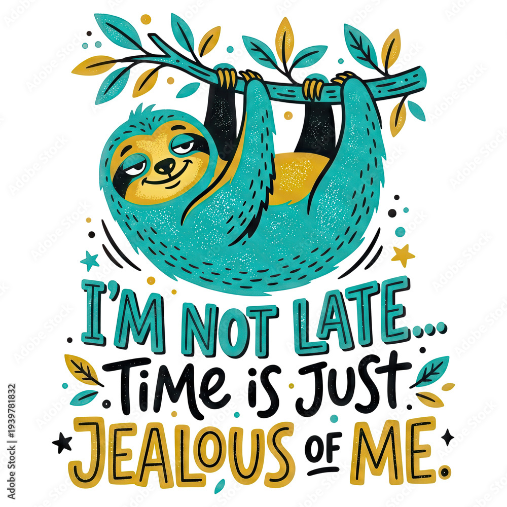 Fototapeta premium Playful hand-drawn sloth in teal and yellow hanging from a leafy branch with a humorous hand-lettered quote 