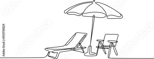 Simple continuous one line drawing of sunbed. Beach umbrella and chair for summer holiday , vacation concept. Editable line vector. one line Icon drawing