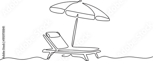 Simple continuous one line drawing of sunbed. Beach umbrella and chair for summer holiday , vacation concept. Editable line vector. one line Icon drawing