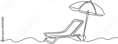 Simple continuous one line drawing of sunbed. Beach umbrella and chair for summer holiday , vacation concept. Editable line vector. one line Icon drawing
