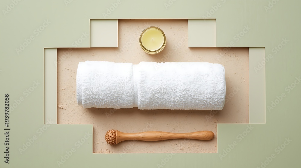 Obraz premium AI Generative Create Spa Wellness Setup with Rolled Towel Candle and Massage Tools for Relaxation