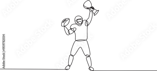 Football player holding ball and trophy continuous one line drawing. Football player with trophy in single line art illustration. one line Icon drawing