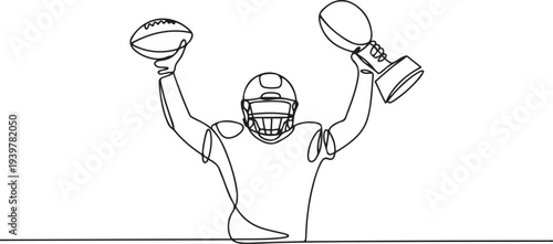 Football player holding ball and trophy continuous one line drawing. Football player with trophy in single line art illustration. one line Icon drawing