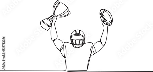 Football player holding ball and trophy continuous one line drawing. Football player with trophy in single line art illustration. one line Icon drawing