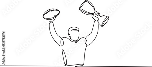 Football player holding ball and trophy continuous one line drawing. Football player with trophy in single line art illustration. one line Icon drawing