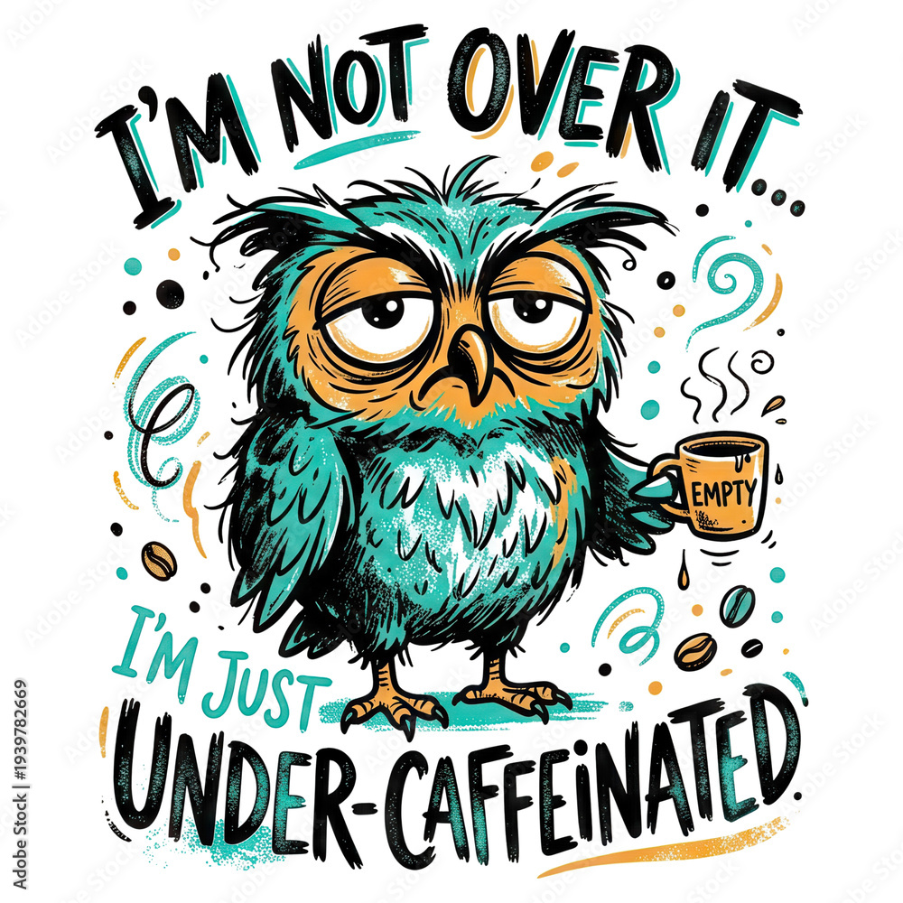 Naklejka premium A tired teal and orange owl holding an empty steaming coffee mug with droopy eyes and the humorous slogan 