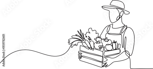 Farmer with vegetables continuous one line drawing. Farmer holding box with full of vegetables in single line art illustration. one line Icon drawing