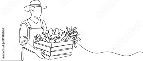 Farmer with vegetables continuous one line drawing. Farmer holding box with full of vegetables in single line art illustration. one line Icon drawing