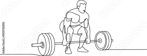 Man doing exercise with a heavy weight bar in continuous one line drawing. Cardio and lifting exercises single line art illustration. one line Icon drawing