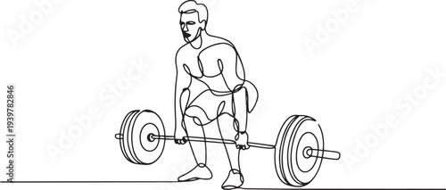 Man doing exercise with a heavy weight bar in continuous one line drawing. Cardio and lifting exercises single line art illustration. one line Icon drawing