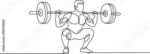 Man doing exercise with a heavy weight bar in continuous one line drawing. Cardio and lifting exercises single line art illustration. one line Icon drawing