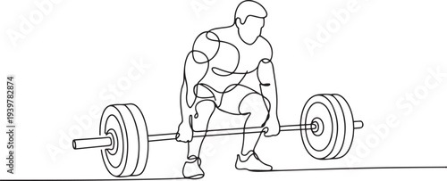 Man doing exercise with a heavy weight bar in continuous one line drawing. Cardio and lifting exercises single line art illustration. one line Icon drawing