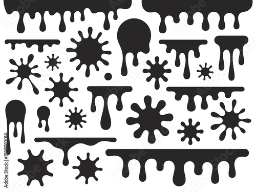 Ink blots and drips vector set isolated on white background, abstract splatter elements for grunge design, artistic projects, backgrounds, posters, digital art, and creative illustration