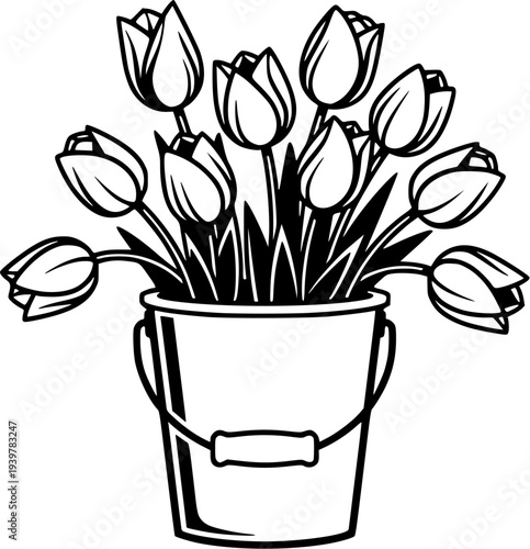 Black and white line art of a vintage metal bucket filled with a large bouquet of blooming tulips