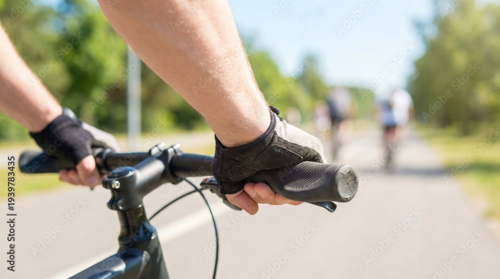Naklejka premium Close up of male hands in cycling gloves gripping the handlebars of a bicycle on a park path
