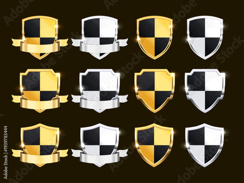 Gold and Silver Shield Badge Emblem Set with Ribbon Banner – Cyber Security, Antivirus, Firewall and Encryption Protection Icon Collection Vector Illustration