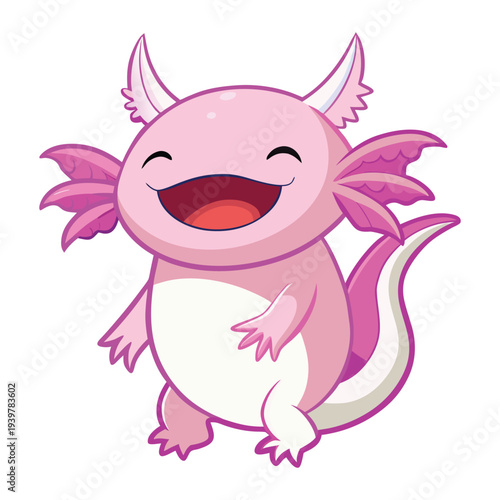 A cheerful pink axolotl with external gills and a wide happy smile is pictured