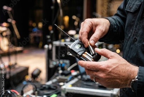 Sound engineer hands inserting AA batteries into a black wireless microphone transmitter pack