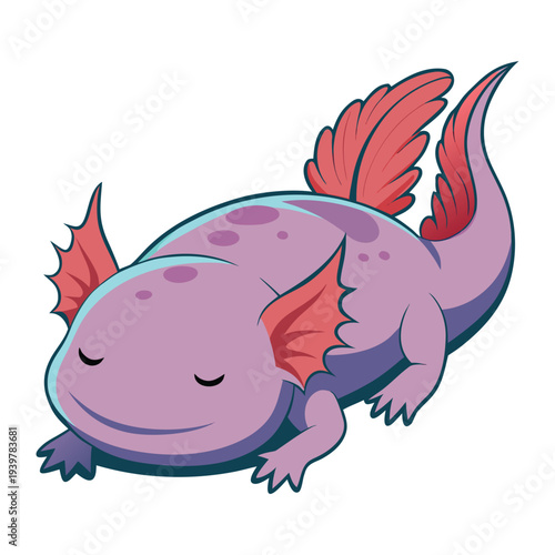 A charming cartoon illustration of a purple axolotl with vibrant red gills