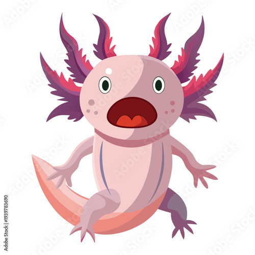 A charming cartoon axolotl with vibrant red gills and a surprised expression