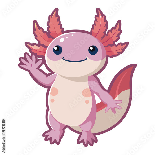 A charming digital illustration of a pink axolotl waving displaying a cute and friendly expression