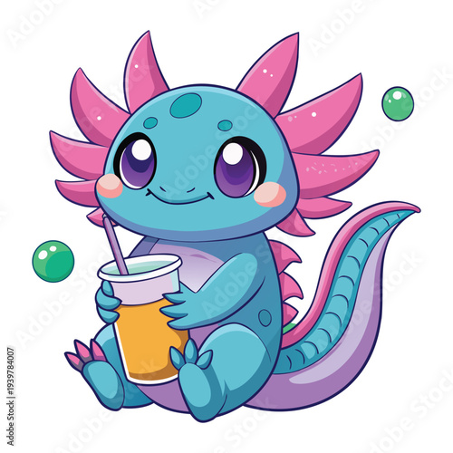 A cheerful turquoise axolotl enjoys a refreshing orange drink with bubbly accents