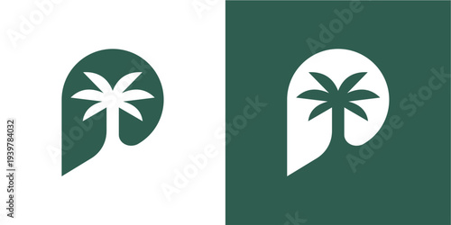 A clean and minimalist vector logo featuring a palm tree silhouette enclosed within an abstract shape. Presented on both white and deep green backgrounds, this graphic is ideal for branding and design