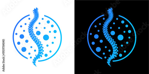 A graphic logo design featuring a stylized blue human spine inside a circular frame filled with blue bubbles, presented on both white and black backgrounds for versatility.