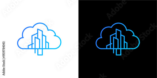 A stylized graphic icon features a cloud outline integrated with a cityscape silhouette, symbolizing digital services, urban development, and cloud technology solutions.