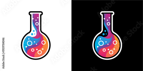 A stylized illustration of a laboratory flask containing a dynamic flow of colorful liquid. The vibrant colors and bubbly effect symbolize innovation, research, and scientific advancement.