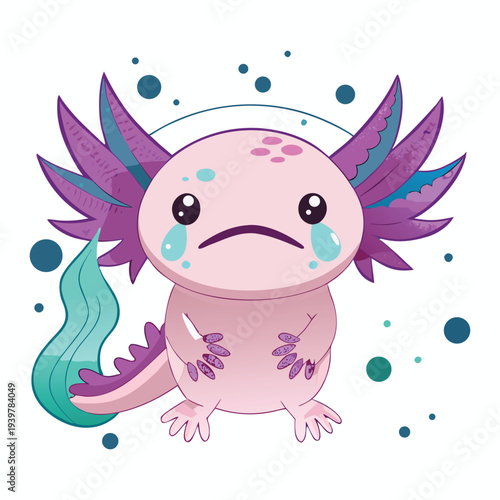 A cute pink axolotl with large eyes appears sad depicted in a charming cartoon style