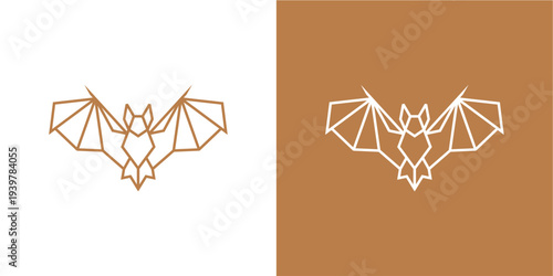 A minimalist, geometric line art illustration of a bat in flight, presented in two variations: one on a white background with a copper outline and another on a copper background with a white outline. 
