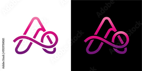 Abstract, modern logo design featuring the letter 'A' intertwined with an infinity symbol. The design utilizes a vibrant gradient of pink and purple hues, presented on both a clean white and a dark bl