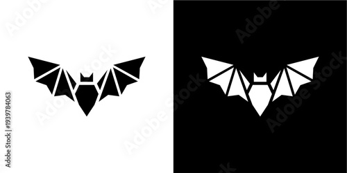 A stylized, geometric bat silhouette is presented in both black on a white background and white on a black background. This minimalist vector graphic features sharp angles and clean lines, evoking a m