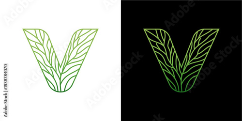A clean, modern logo featuring the letter 'V' designed with delicate leaf vein patterns, rendered in a gradient green outline. Presented on both a crisp white and a solid black background for versatil