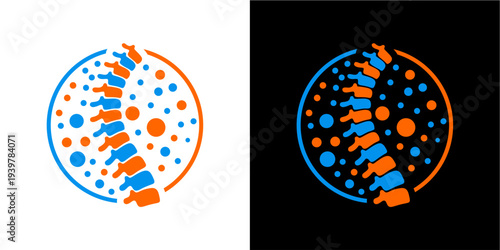 A graphic icon representing a human spine, with alternating blue and orange vertebrae, surrounded by a circle filled with blue and orange dots. Suitable for medical, chiropractic, or health-related br