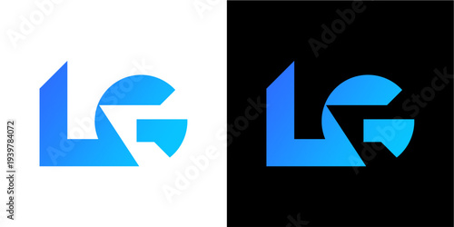 A striking geometric monogram logo featuring the letters 'LG' in a modern, abstract design with a vibrant blue gradient. Presented on both white and black backgrounds for versatile application.