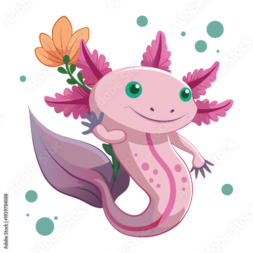 A charming pink axolotl with floral features and vibrant gills floats playfully