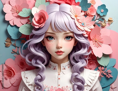 A close-up illustration of a beautiful young woman with long, lavender hair and rosy cheeks, surrounded by pastel paper flowers