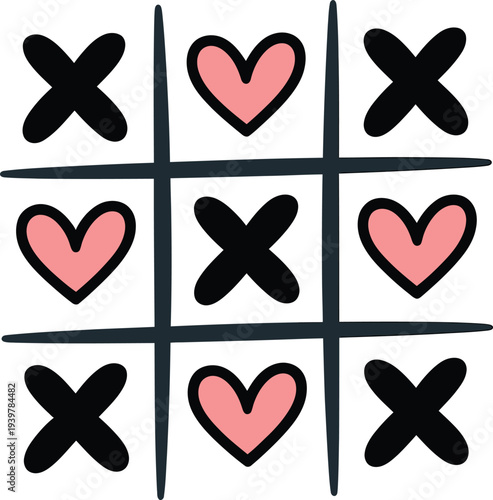 Hand drawn tic tac toe game board with hearts and crosses