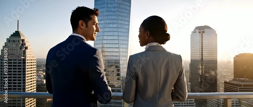 Business professionals standing looking at city skyscrapers on rooftop balcony