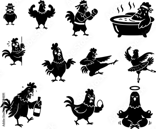 Humorous rooster character silhouette set with various funny poses and activities, anthropomorphic chicken vector illustrations