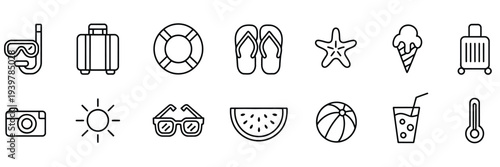 Travel and summer icon collection with vacation, beach, and summer-themed vector outline icons, perfect for holiday designs, travel projects, posters, social media, and creative illustration