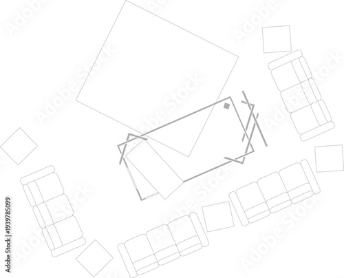 Technical furniture layout plan showing living room arrangement with sofas, chairs, tables and seating areas in minimalist black and white line drawing style.