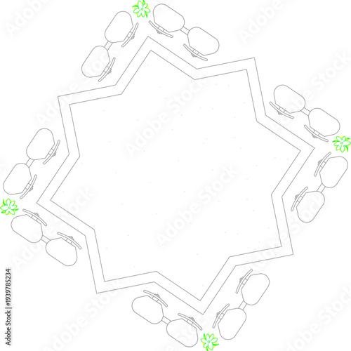 Technical furniture layout plan showing star-shaped meeting table with chairs arranged around perimeter and decorative green plant elements in minimalist line art style.