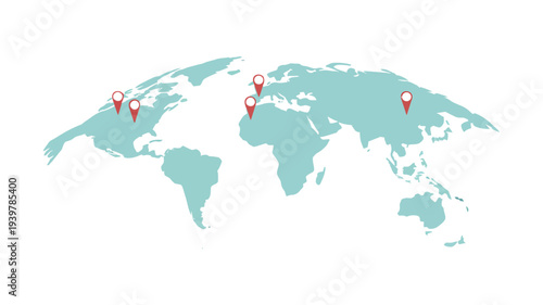 Vector world map with location pointers, global navigation and travel concept, highlighting destinations, routes, and connections for business, education, infographic, and geographic illustration proj