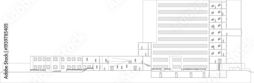 Technical architectural elevation drawing showing building complex with low-rise and high-rise structures, human figures for scale in black and white line art style.
