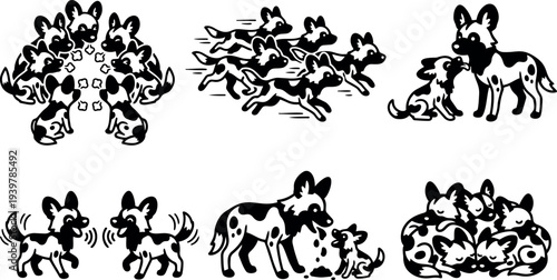 Cartoon vector african wild dog icon set showing playful pack running, feeding, barking, sleeping, close up interactions, bold black graphic silhouettes