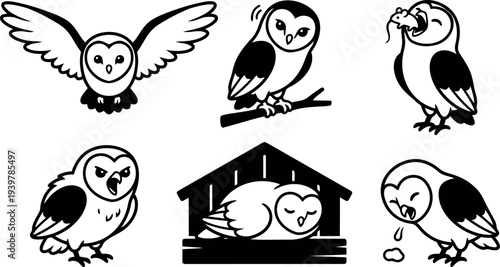 Line art barn owl icon set showing flying perched eating mouse angry sneezing nesting in barn pellet cute silhouette regurgitation